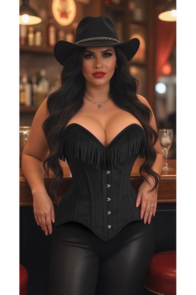 Top Drawer Black Suede Steel Boned Overbust Corset w/Fringe - Daisy Corsets