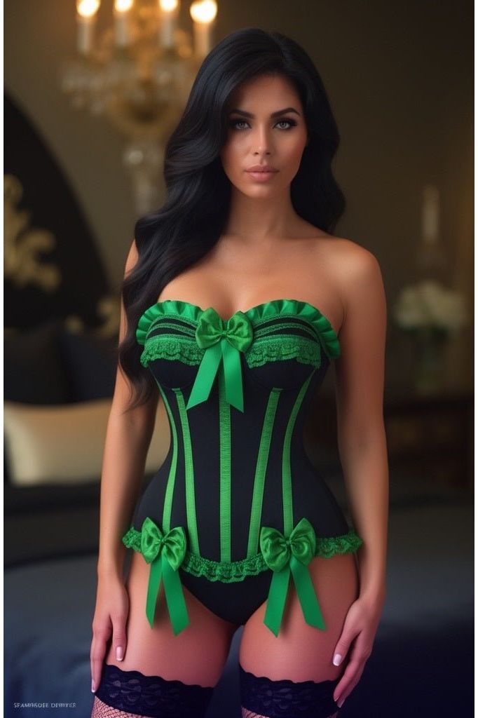 Top Drawer Black/Green Satin Steel Boned Burlesque Corset - Daisy Corsets