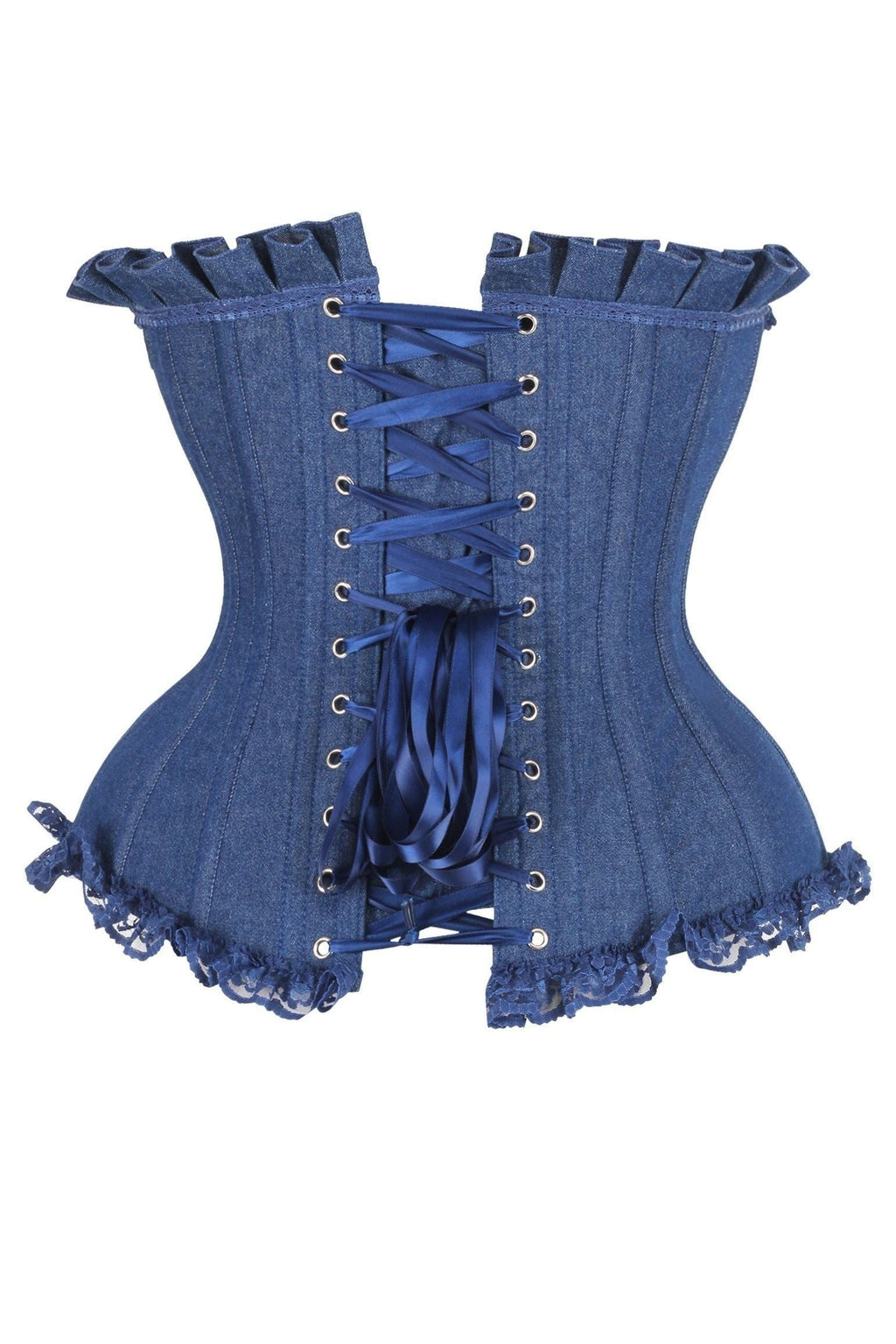 Top Drawer Dark Blue Denim Underwire Steel Boned Burlesque Corset w/Bows - Daisy Corsets