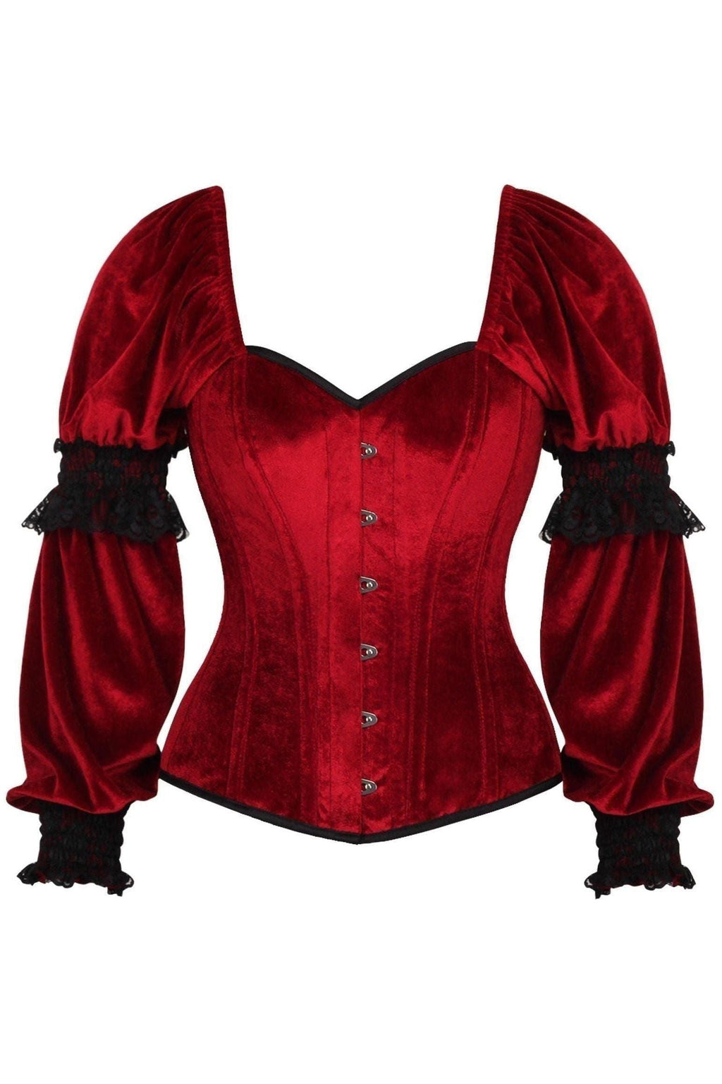 Top Drawer Dark Red Velvet Steel Boned Long Sleeve Corset - Daisy Corsets