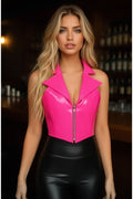 Top Drawer Hot Pink Patent Steel Boned Collared Bustier Top - Daisy Corsets