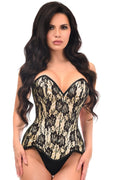 Top Drawer Nude Satin w/Black Lace Overlay Steel Boned Overbust Corset - Daisy Corsets