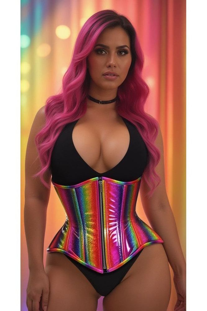 Top Drawer Rainbow Glitter Double Steel Boned Underbust Waist Cincher Corset - Daisy Corsets