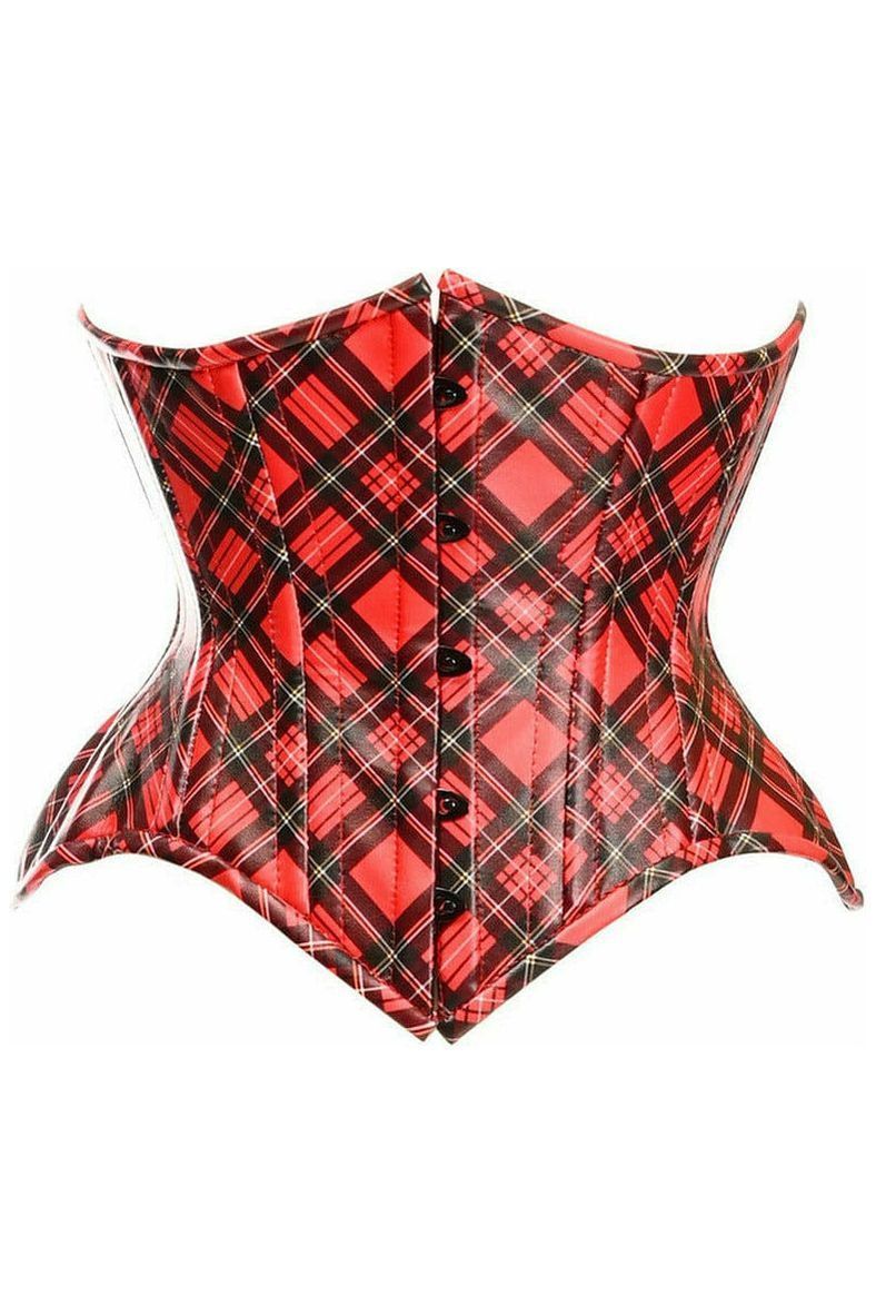 Top Drawer Red Plaid Faux Leather Double Steel Boned Curvy Cut Waist Cincher Corset - Daisy Corsets