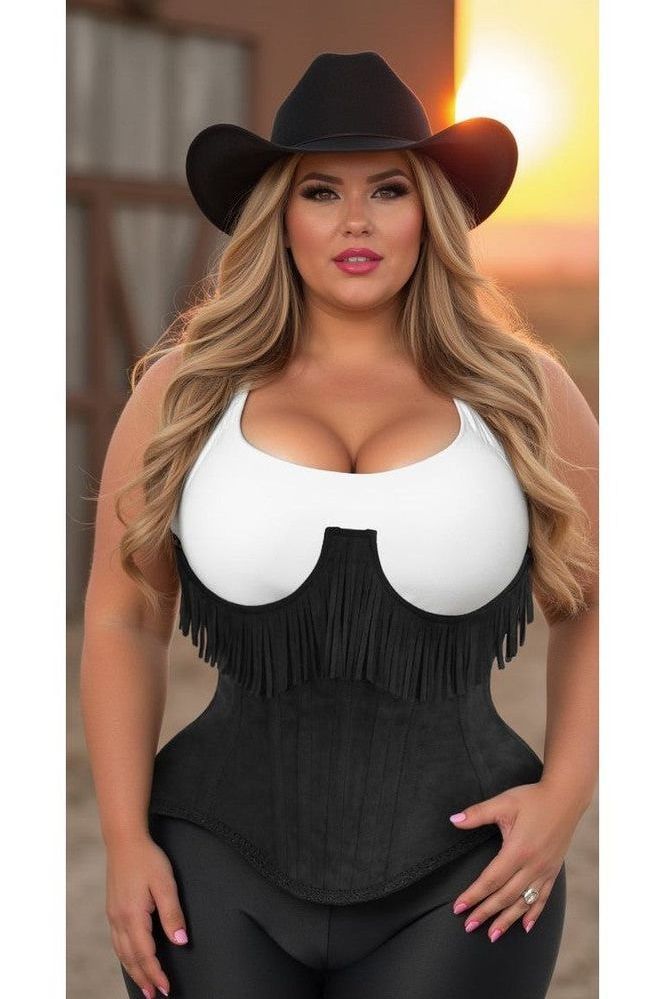 Top Drawer Steel Boned Black Suede Underwire Underbust Corset Cincher w/Fringe - Daisy Corsets
