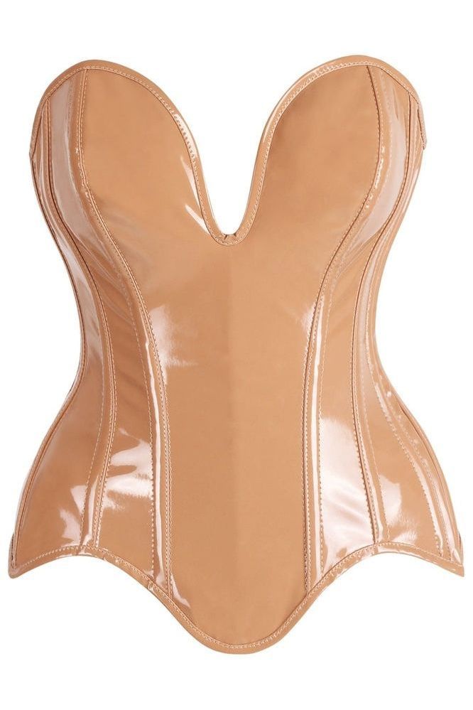 Top Drawer Steel Boned Caramel Patent Plunge Neckline Overbust Corset - Daisy Corsets