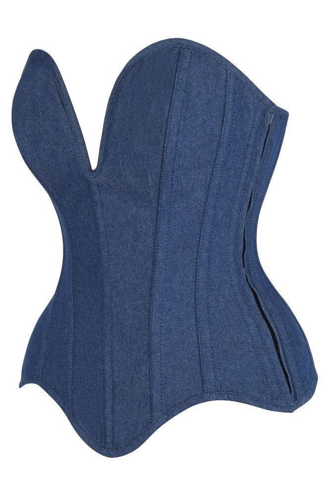Top Drawer Steel Boned Dark Blue Denim Plunge Neckline Overbust Corset - Daisy Corsets