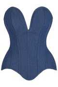 Top Drawer Steel Boned Dark Blue Denim Plunge Neckline Overbust Corset - Daisy Corsets