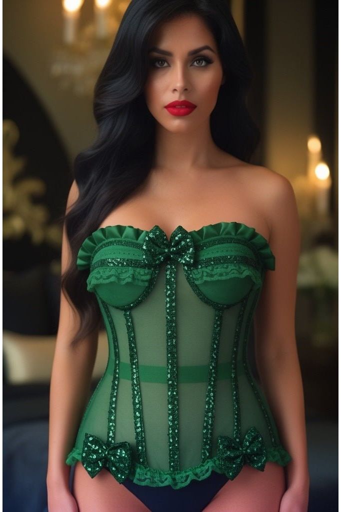 Top Drawer Steel Boned Dark Green Sequin Underwire Bustier Corset - Daisy Corsets