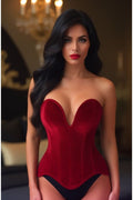 Top Drawer Steel Boned Dark Red Velvet Plunge Neckline Overbust Corset - Daisy Corsets