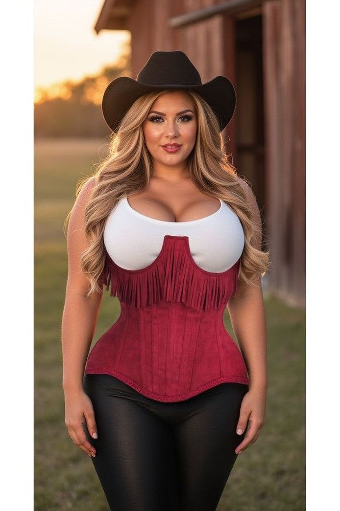 Top Drawer Steel Boned Red Suede Underwire Underbust Corset Cincher w/Fringe - Daisy Corsets
