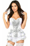 Top Drawer White/Silver Satin & Sequin Steel Boned Corset w/Removable Snap Skirt - Daisy Corsets