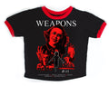 Black t-shirt with red accents featuring graphic design and text on a white background