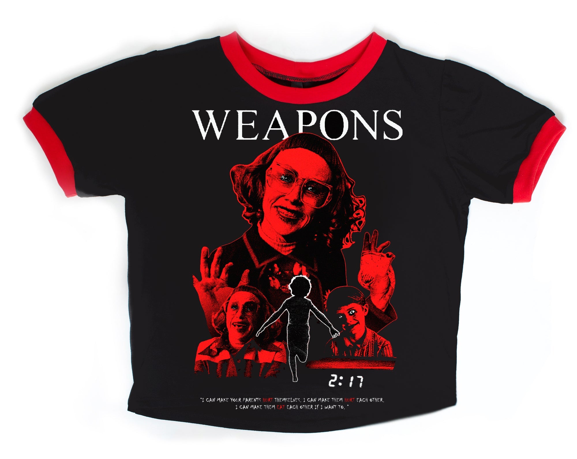Black t-shirt with red accents featuring graphic design and text on a white background